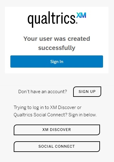 Qualtrics screen indicating successful account creation